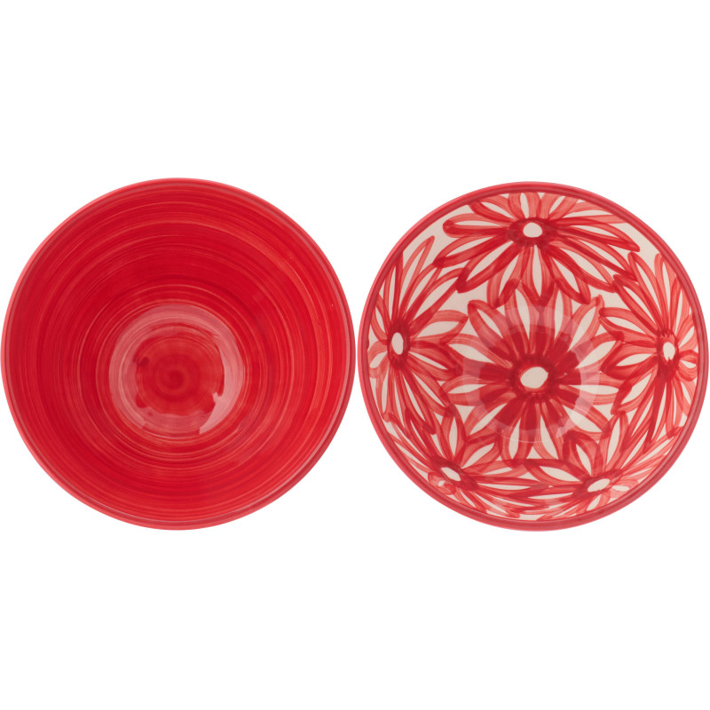 Lot de 2 Bols style méditerranéen Rond 22 cm Céramique Rouge Blanc Motif fleurs Flora 
