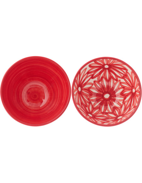 Lot de 2 Bols style méditerranéen Rond 22 cm Céramique Rouge Blanc Motif fleurs Flora 