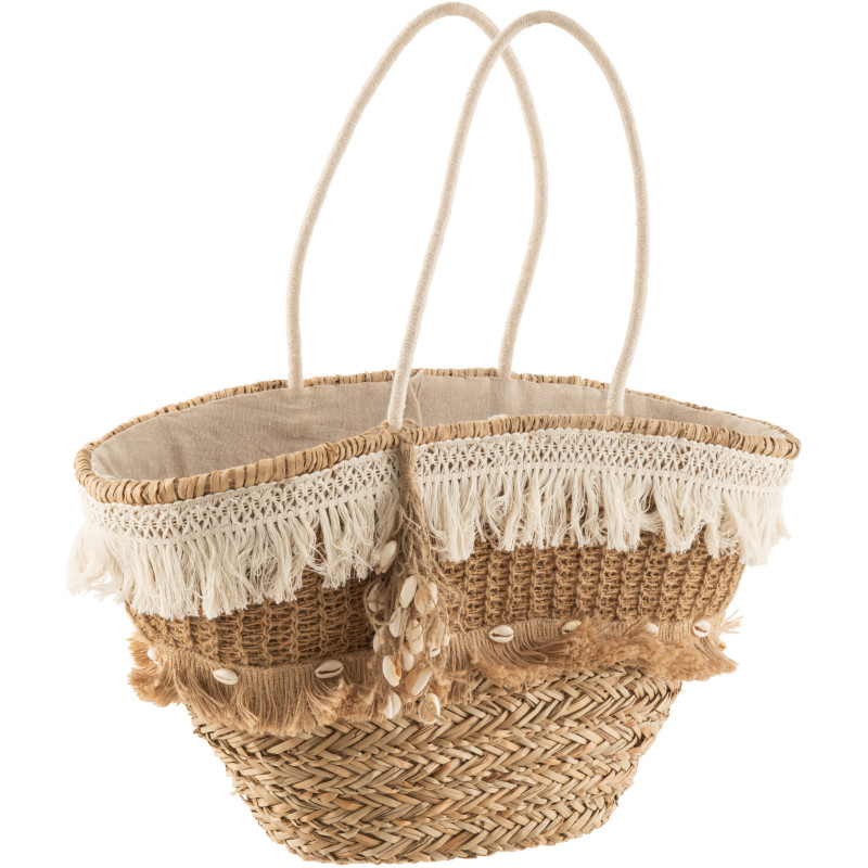 Sac de plage bohème chic 48 cm Herbe de mer Naturel Tressé Tissu Banc écru Avec franges Sumerina 