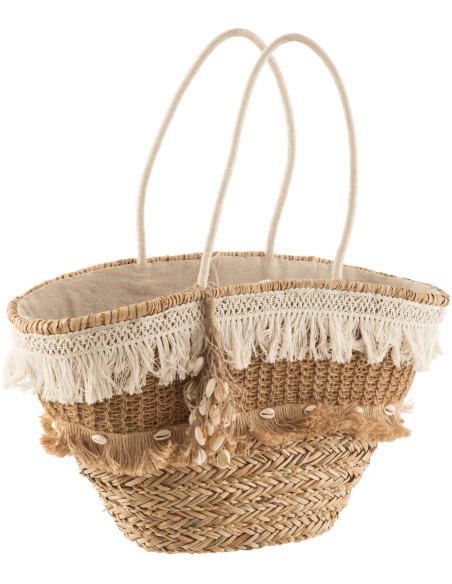 Sac de plage bohème chic 48 cm Herbe de mer Naturel Tressé Tissu Banc écru Avec franges Sumerina 