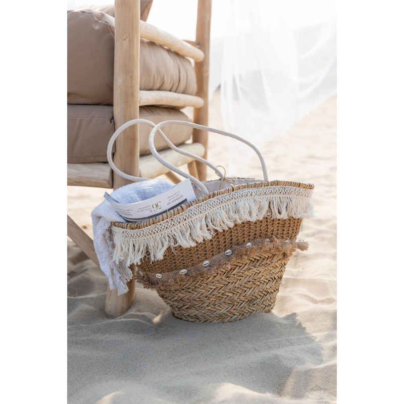 Sac de plage bohème chic 48 cm Herbe de mer Naturel Tressé Tissu Banc écru Avec franges Sumerina 