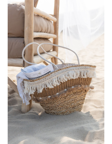 Sac de plage bohème chic 48 cm Herbe de mer Naturel Tressé Tissu Banc écru Avec franges Sumerina 