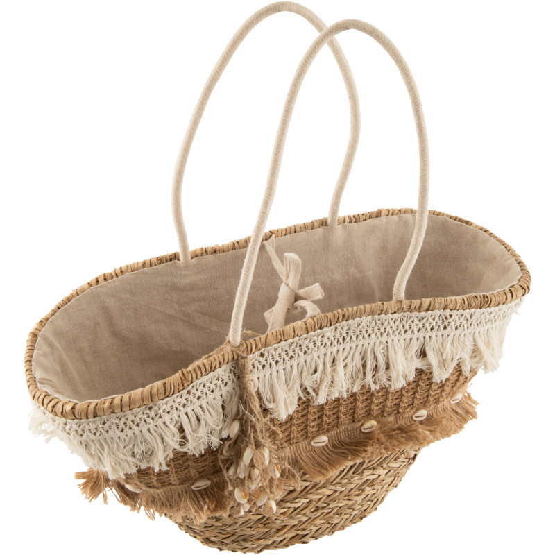 Sac de plage bohème chic 48 cm Herbe de mer Naturel Tressé Tissu Banc écru Avec franges Sumerina 