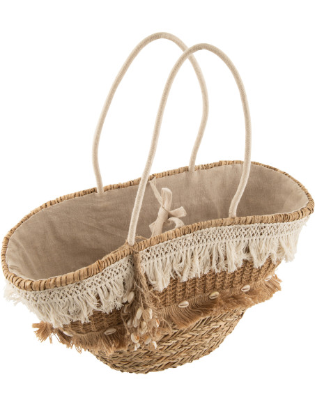 Sac de plage bohème chic 48 cm Herbe de mer Naturel Tressé Tissu Banc écru Avec franges Sumerina 