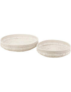 Lot de 2 Plateaux déco bord de mer Rond Rotin Blanc Tressé Tressanno 