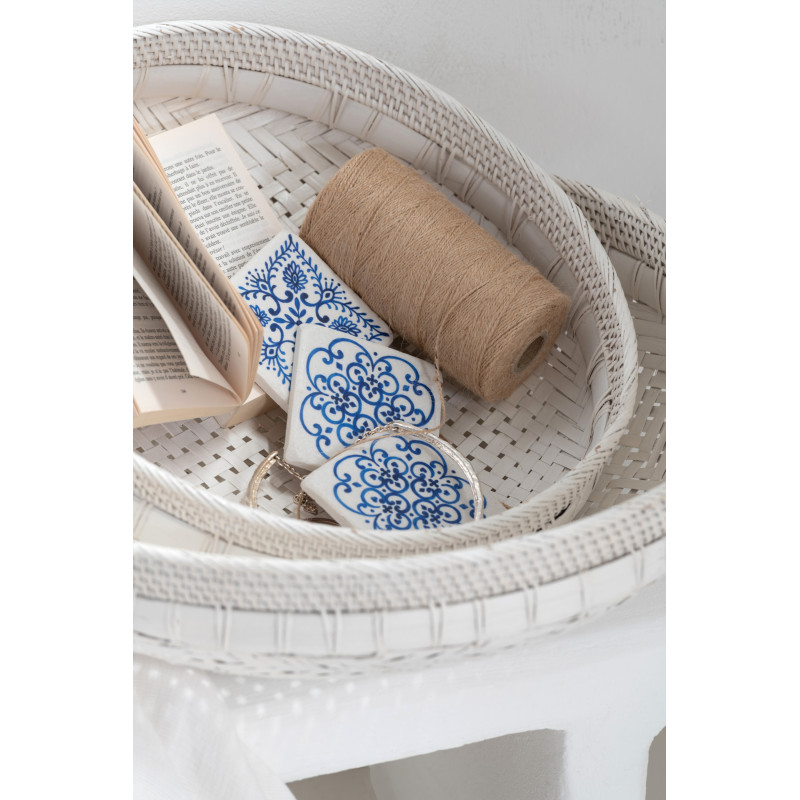 Lot de 2 Plateaux déco bord de mer Rond Rotin Blanc Tressé Tressanno 