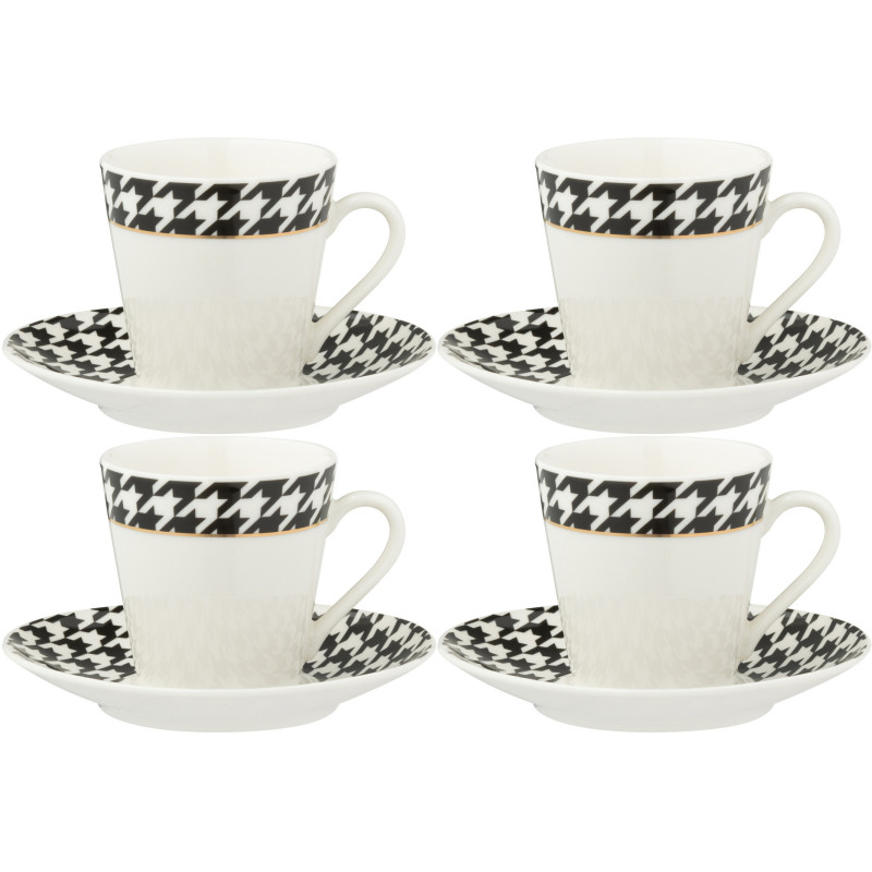 Lot de 2 Tasses à espresso moderne chic 85 ml Porcelaine Blanc Noir Motif pied-de-poule Modénia 