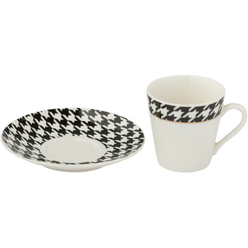 Lot de 2 Tasses à espresso moderne chic 85 ml Porcelaine Blanc Noir Motif pied-de-poule Modénia 