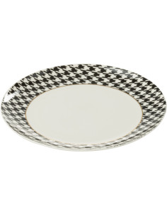 Lot de 4 Assiettes à dessert moderne chic Ronde 20 cm Porcelaine Blanc Noir Motif pied-de-poule Modénia 