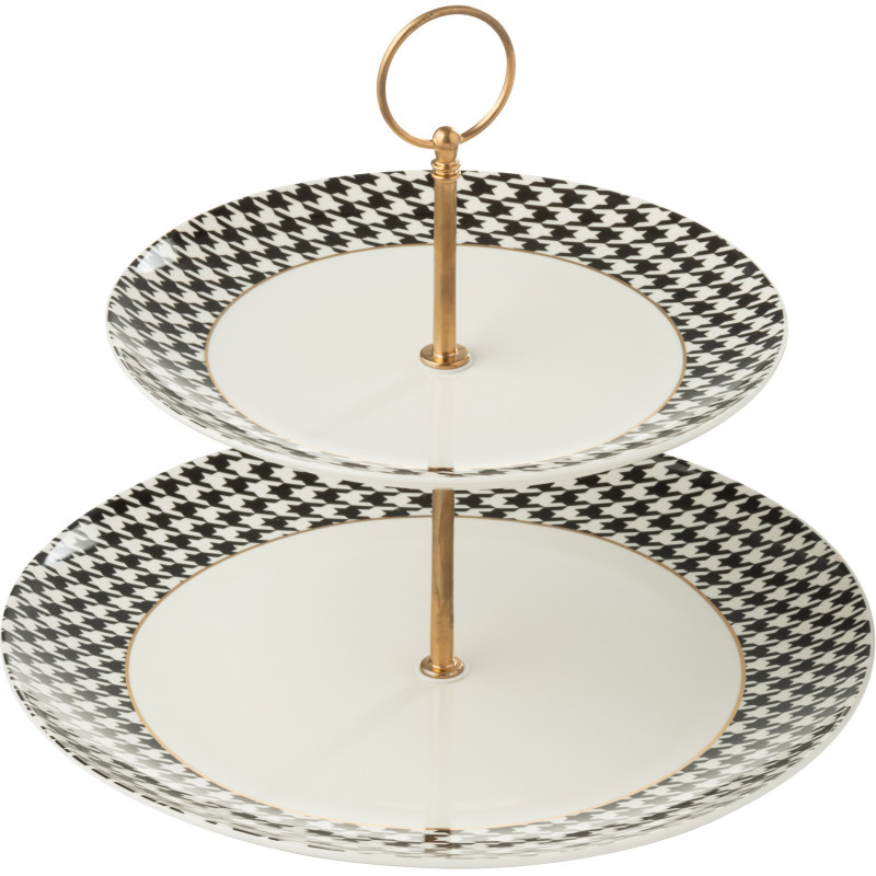 Plateau Présentoir à gâteaux 2 niveaux moderne chic Rond 27 cm Porcelaine Blanc Noir Motif pied-de-poule Modénia 