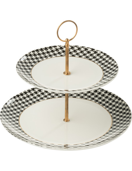 Plateau Présentoir à gâteaux 2 niveaux moderne chic Rond 27 cm Porcelaine Blanc Noir Motif pied-de-poule Modénia 