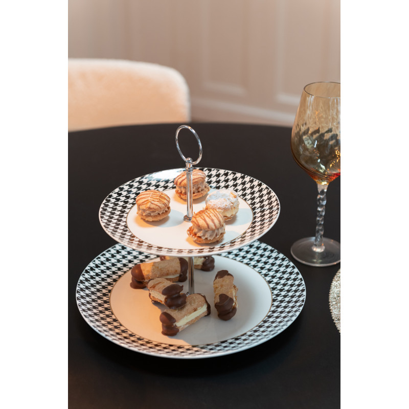 Plateau Présentoir à gâteaux 2 niveaux moderne chic Rond 27 cm Porcelaine Blanc Noir Motif pied-de-poule Modénia 