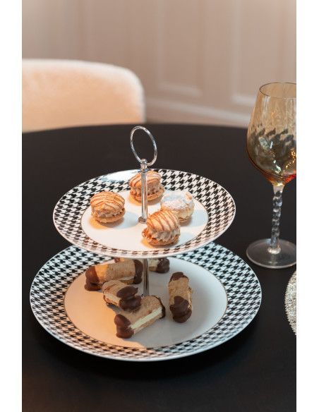 Plateau Présentoir à gâteaux 2 niveaux moderne chic Rond 27 cm Porcelaine Blanc Noir Motif pied-de-poule Modénia 