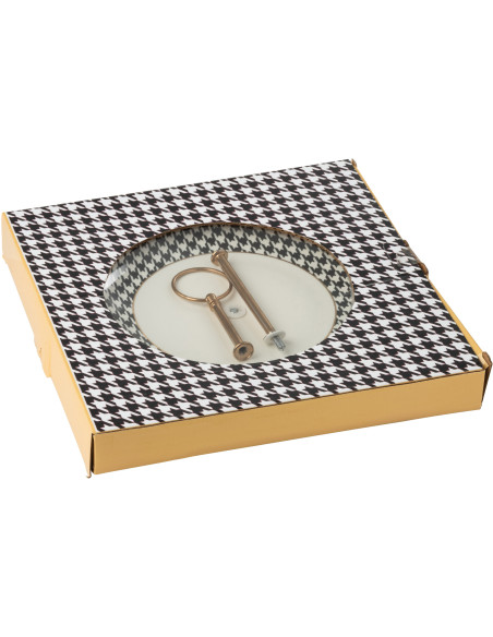Plateau Présentoir à gâteaux 2 niveaux moderne chic Rond 27 cm Porcelaine Blanc Noir Motif pied-de-poule Modénia 