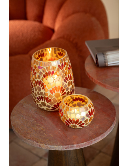 Bougeoir bohème chic D 9 cm Verre Blanc cassé Jaune Mosaïque Solezia 