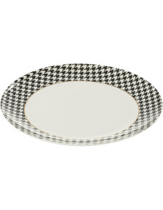 Lot de 4 Assiettes plates moderne chic Ronde 27 cm Porcelaine Blanc Noir Motif pied-de-poule Modénia 