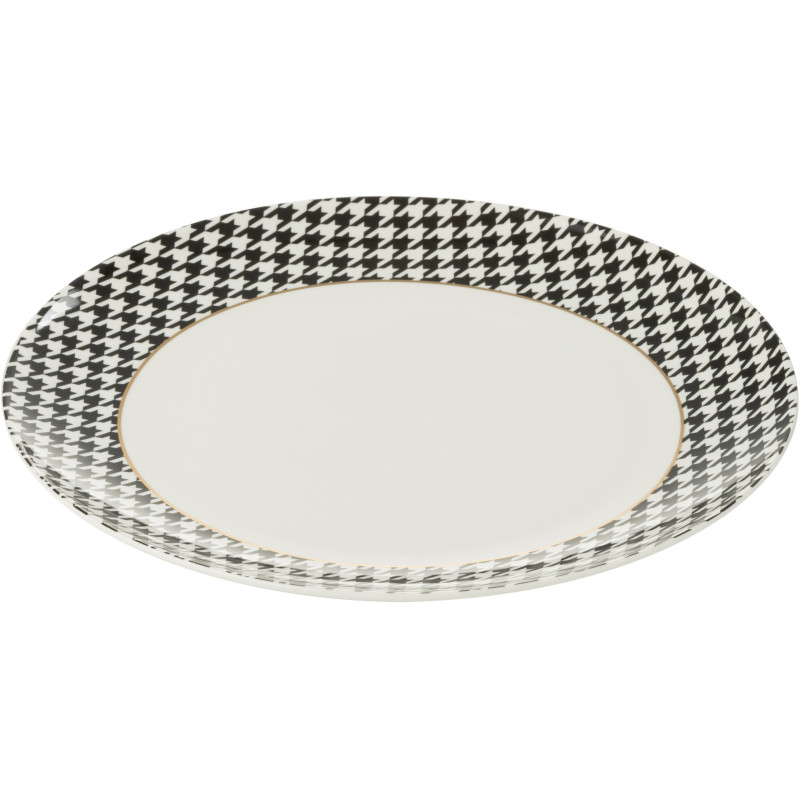 Lot de 4 Assiettes plates moderne chic Ronde 27 cm Porcelaine Blanc Noir Motif pied-de-poule Modénia 