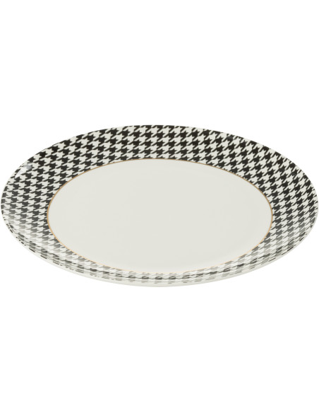 Lot de 4 Assiettes plates moderne chic Ronde 27 cm Porcelaine Blanc Noir Motif pied-de-poule Modénia 