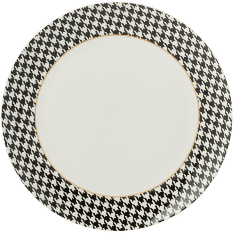 Lot de 4 Assiettes plates moderne chic Ronde 27 cm Porcelaine Blanc Noir Motif pied-de-poule Modénia 
