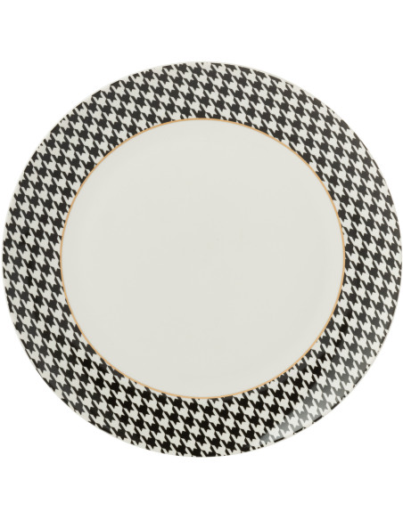 Lot de 4 Assiettes plates moderne chic Ronde 27 cm Porcelaine Blanc Noir Motif pied-de-poule Modénia 