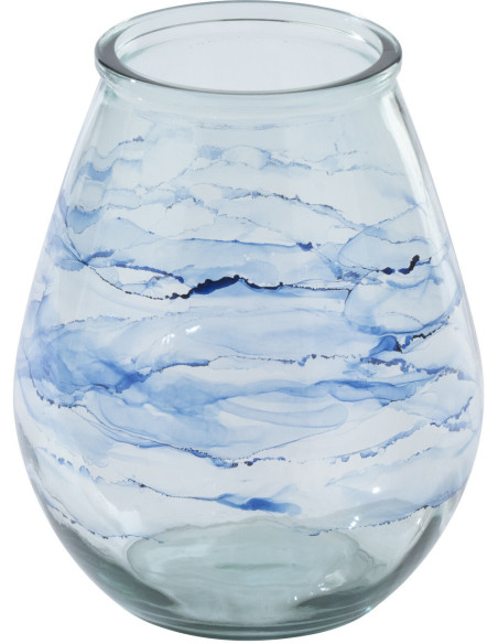 Grand Photophore bord de mer D 29 cm Verre Bleu Motif vagues Marévial 