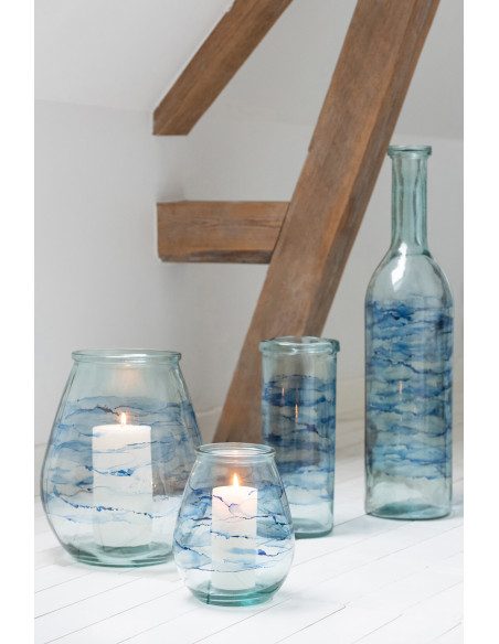 Grand Photophore bord de mer D 29 cm Verre Bleu Motif vagues Marévial 