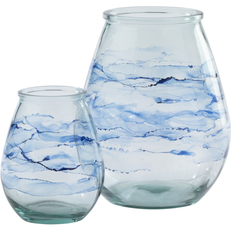 Grand Photophore bord de mer D 29 cm Verre Bleu Motif vagues Marévial 