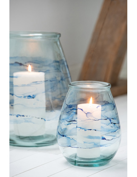 Grand Photophore bord de mer D 29 cm Verre Bleu Motif vagues Marévial 