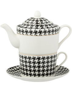 Théière égoïste moderne chic 320 ml Porcelaine Blanc Noir Motif pied-de-poule Modénia 