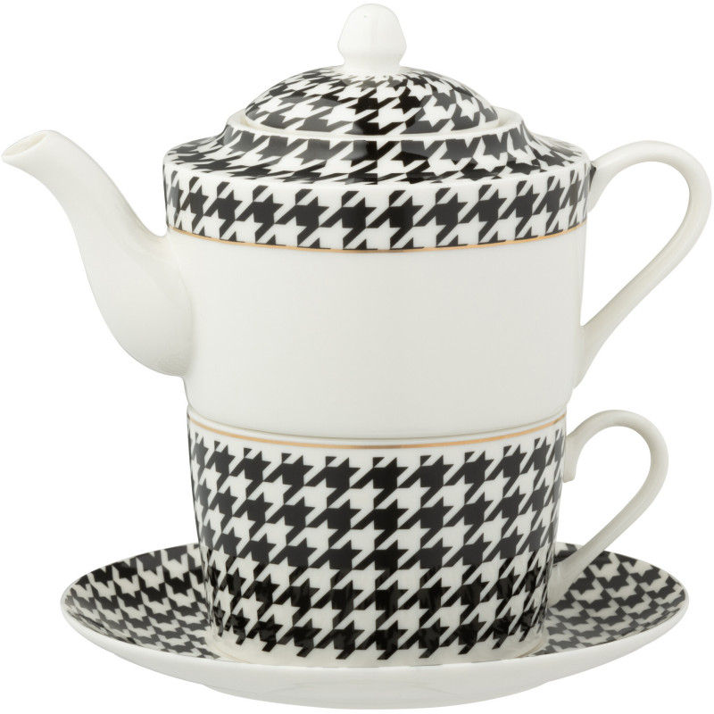 Théière égoïste moderne chic 320 ml Porcelaine Blanc Noir Motif pied-de-poule Modénia 