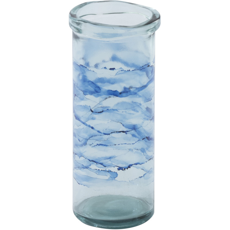 Vase bord de mer Cylindrique H 36 cm Verre Bleu Motif vagues Marévial 