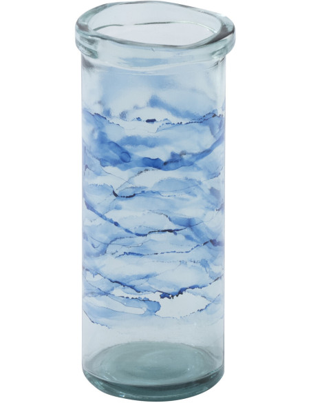 Vase bord de mer Cylindrique H 36 cm Verre Bleu Motif vagues Marévial 