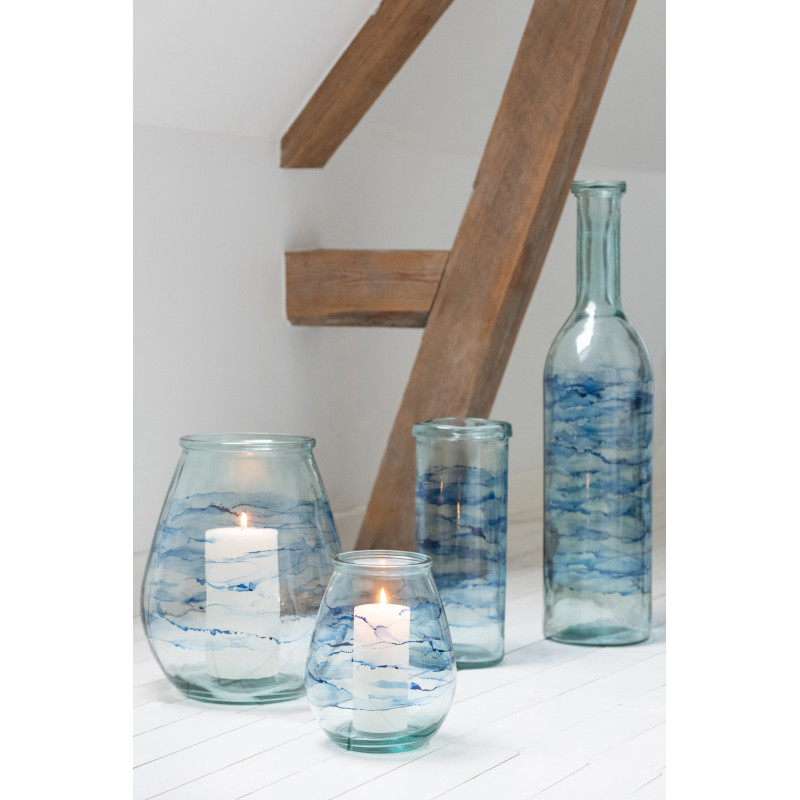 Vase bord de mer Cylindrique H 36 cm Verre Bleu Motif vagues Marévial 