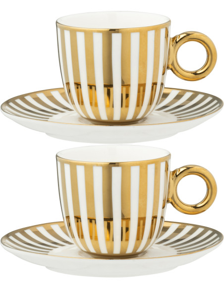 Lot de 2 Tasse à café design chic 230 ml Porcelaine Doré Blanc Motif rayures Orénia 