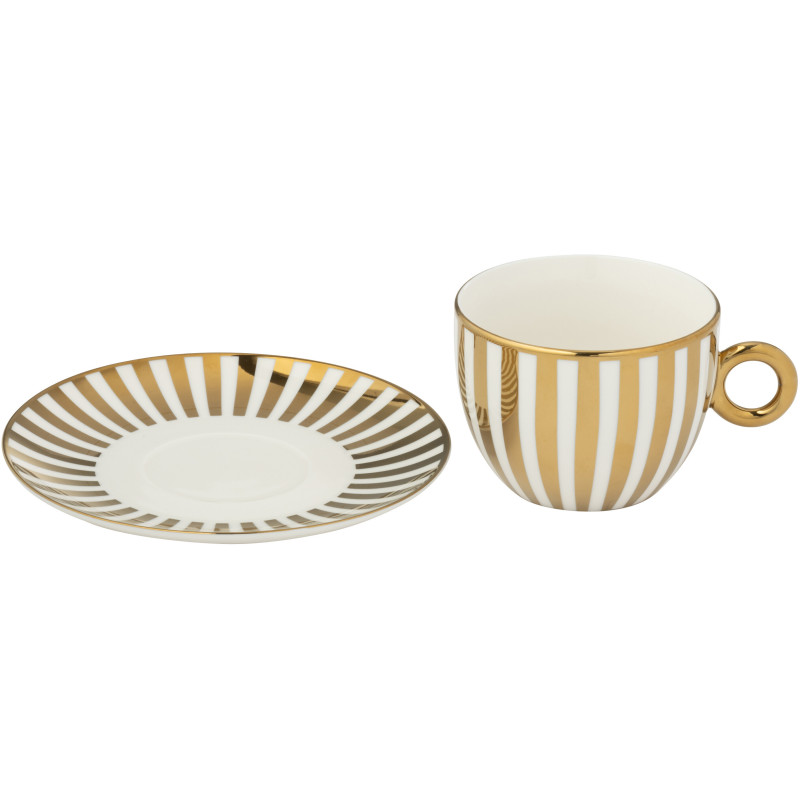 Lot de 2 Tasse à café design chic 230 ml Porcelaine Doré Blanc Motif rayures Orénia 