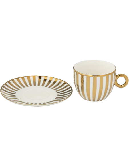 Lot de 2 Tasse à café design chic 230 ml Porcelaine Doré Blanc Motif rayures Orénia 
