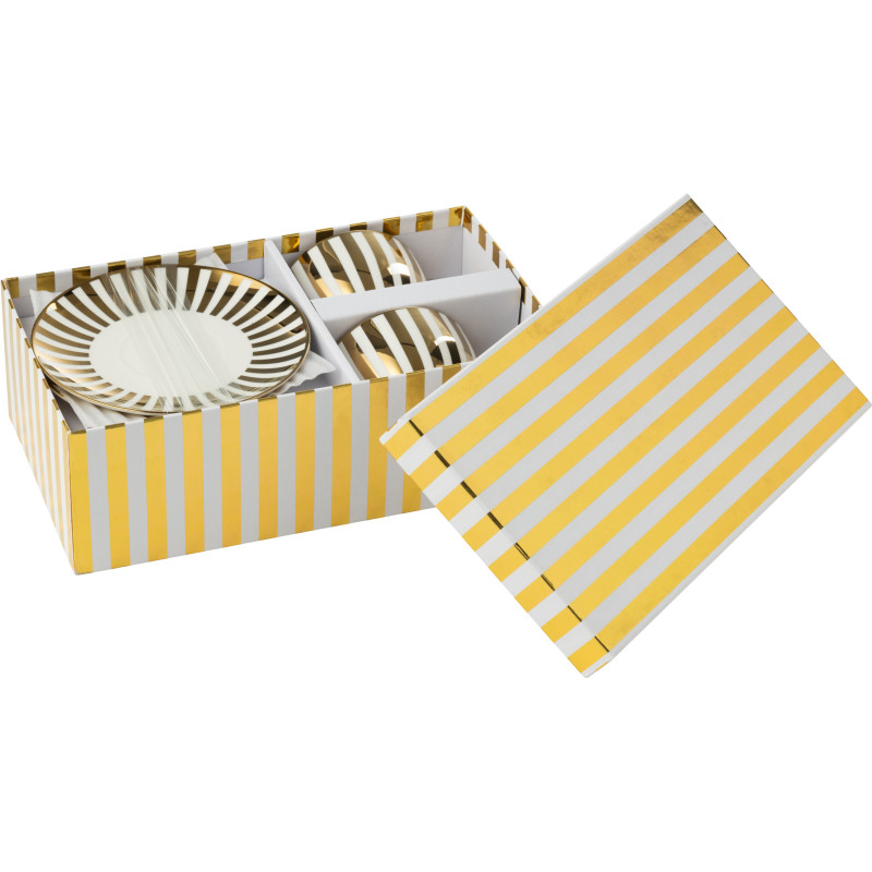 Lot de 2 Tasse à café design chic 230 ml Porcelaine Doré Blanc Motif rayures Orénia 