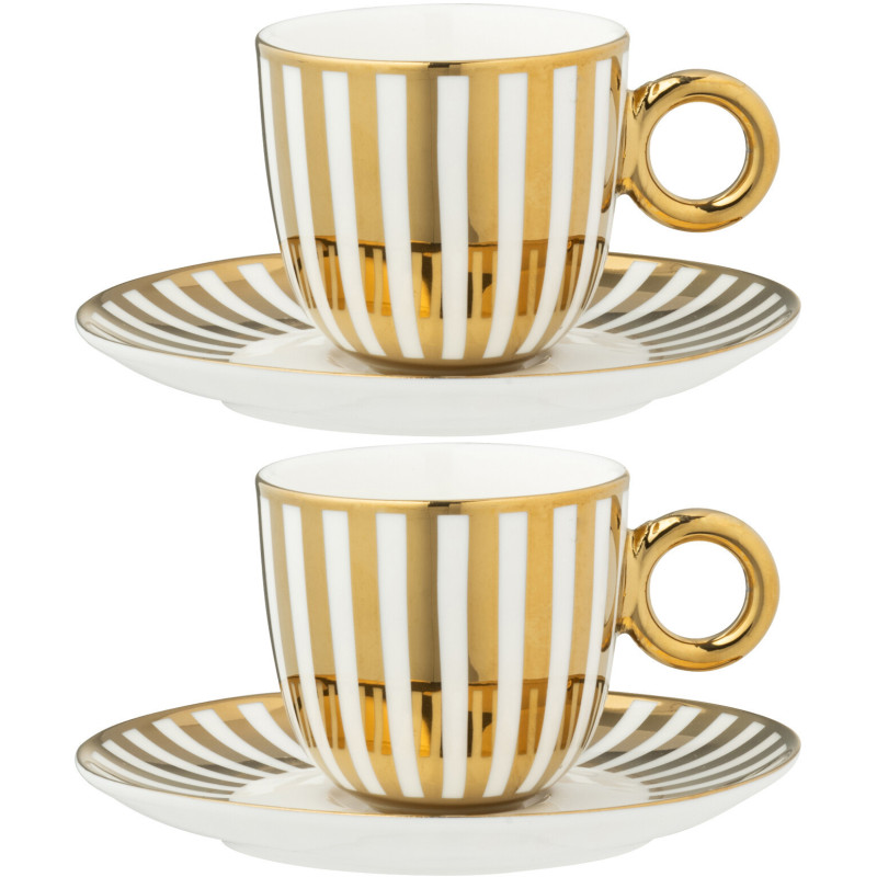 Lot de 2 Tasse à expresso design chic 85 ml Porcelaine Doré Blanc Motif rayures Orénia 
