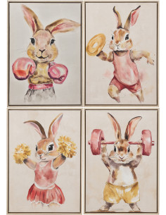 Lot de 4 Toiles murales peintes Lapins Sportifs Cadre bois naturel 37x52 Olympica 