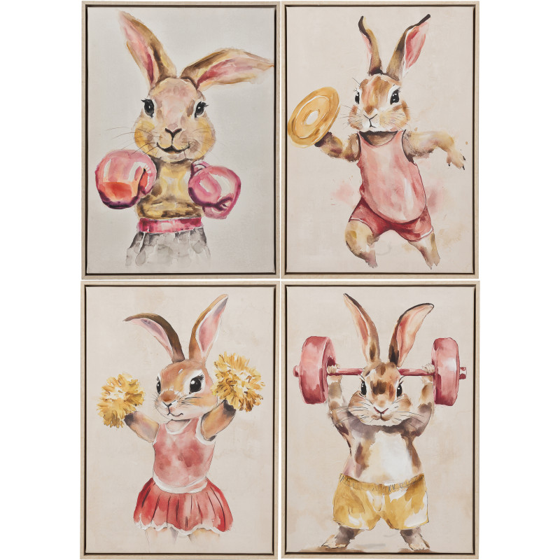 Lot de 4 Toiles murales peintes Lapins Sportifs Cadre bois naturel 37x52 Olympica 