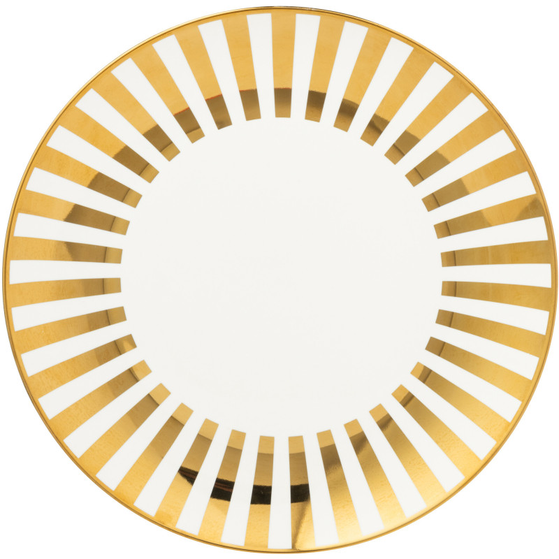 Lot de 4 Assiettes plates design chic Ronde 27 cm Porcelaine Doré Blanc Motif rayures Orénia 