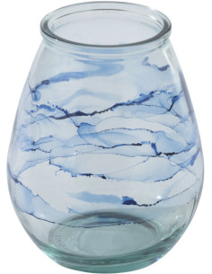 Grand Photophore bord de mer D 19 cm Verre Bleu Motif vagues Marévial 