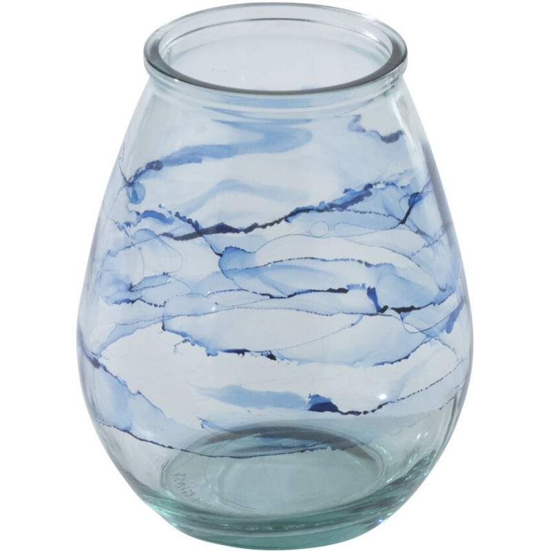 Grand Photophore bord de mer D 19 cm Verre Bleu Motif vagues Marévial 