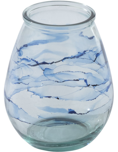 Grand Photophore bord de mer D 19 cm Verre Bleu Motif vagues Marévial 