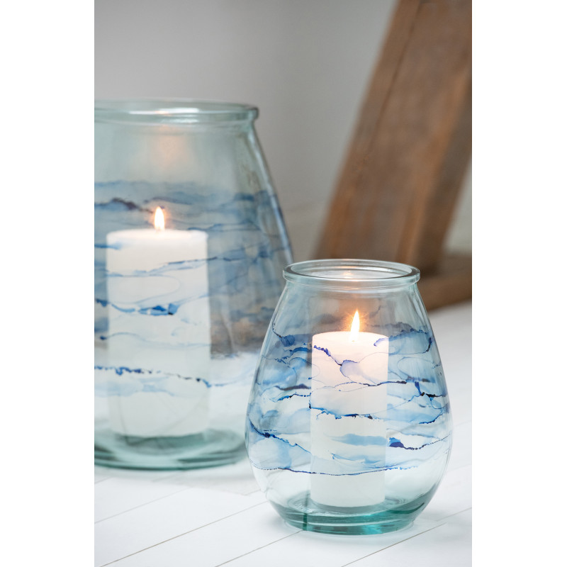 Grand Photophore bord de mer D 19 cm Verre Bleu Motif vagues Marévial 