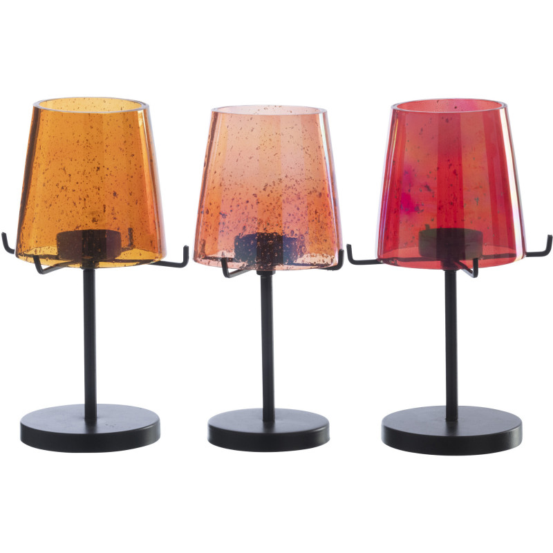 Lot de 3 Photophores sur pied rétro pop chic H 20 cm Verre Ambré Orange Rouge Métal Noir Lucéara 