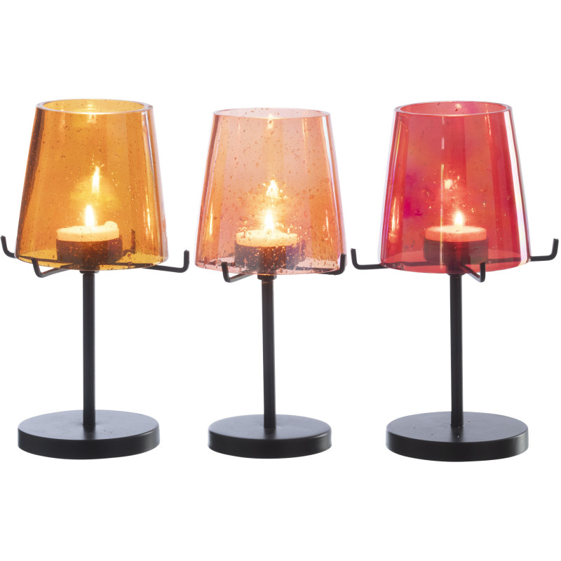 Lot de 3 Photophores sur pied rétro pop chic H 20 cm Verre Ambré Orange Rouge Métal Noir Lucéara 