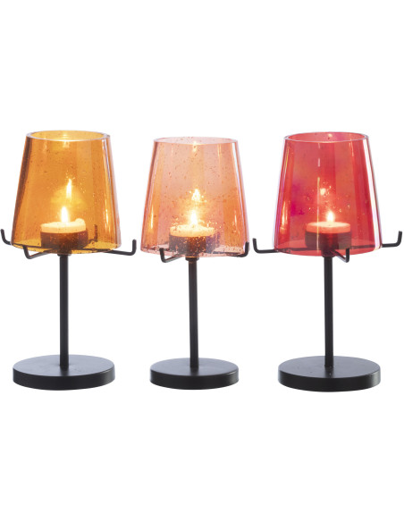 Lot de 3 Photophores sur pied rétro pop chic H 20 cm Verre Ambré Orange Rouge Métal Noir Lucéara 