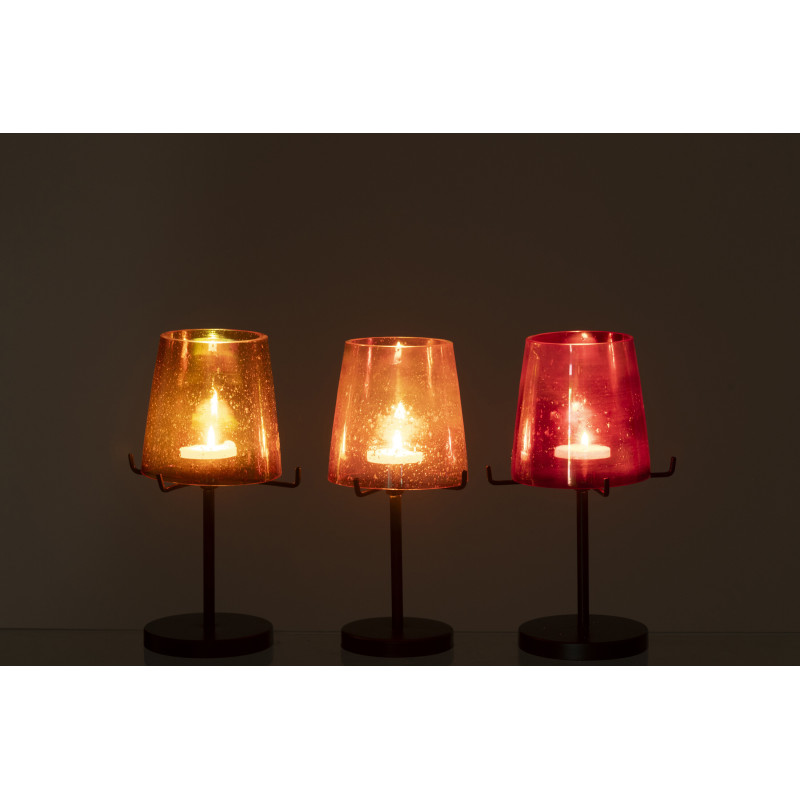Lot de 3 Photophores sur pied rétro pop chic H 20 cm Verre Ambré Orange Rouge Métal Noir Lucéara 