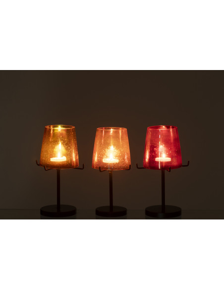 Lot de 3 Photophores sur pied rétro pop chic H 20 cm Verre Ambré Orange Rouge Métal Noir Lucéara 